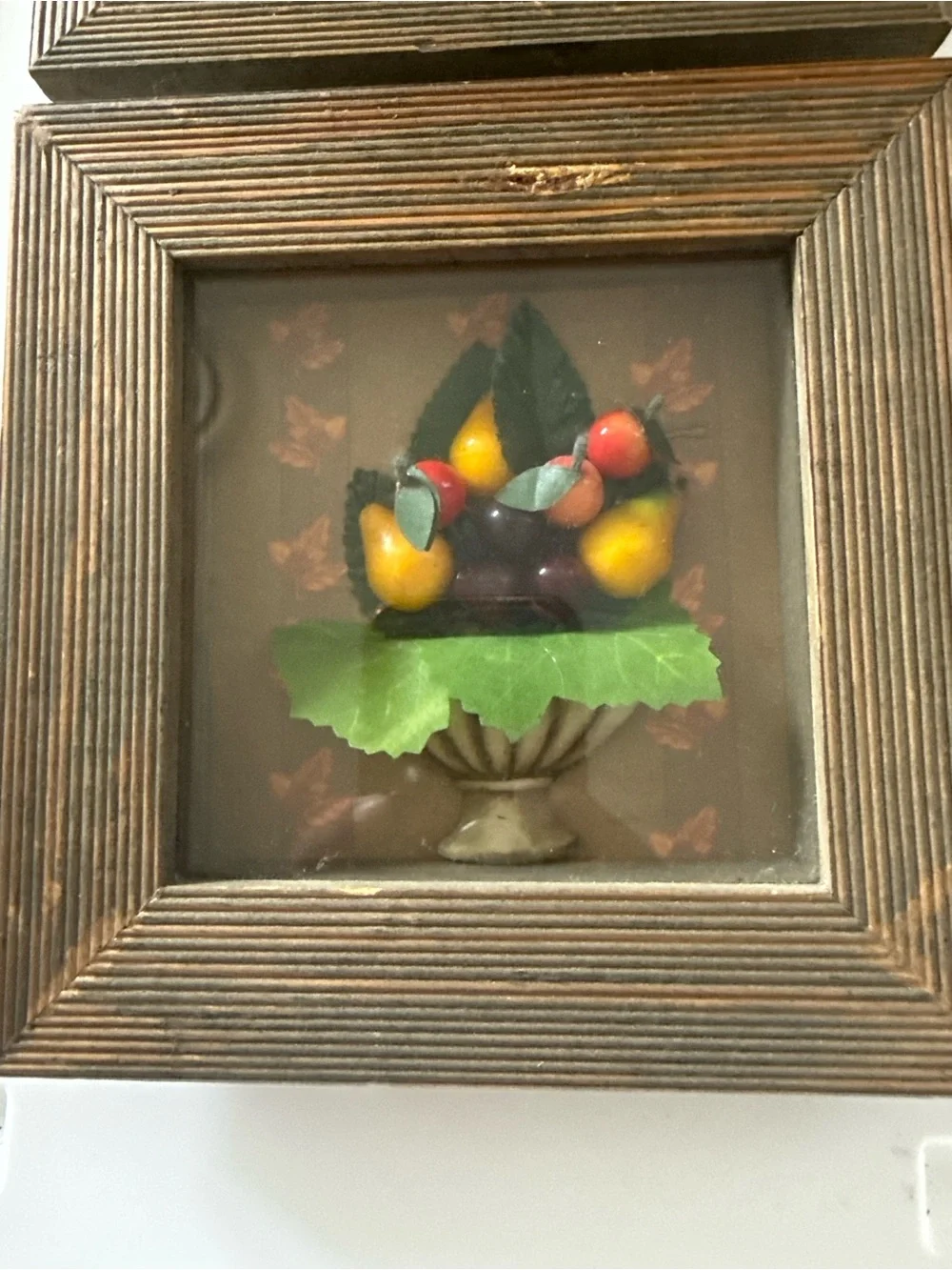 Framed Vintage Fruit Bowl Wall Art - Brown Frame, Green & Yellow Accents 6”x6”